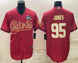 Men%27s Kansas City Chiefs #95 Chris Jones Red Pinstripe With Super Bowl LVII Patch Cool Base Stitched Baseball Jersey->kansas city chiefs->NFL Jersey